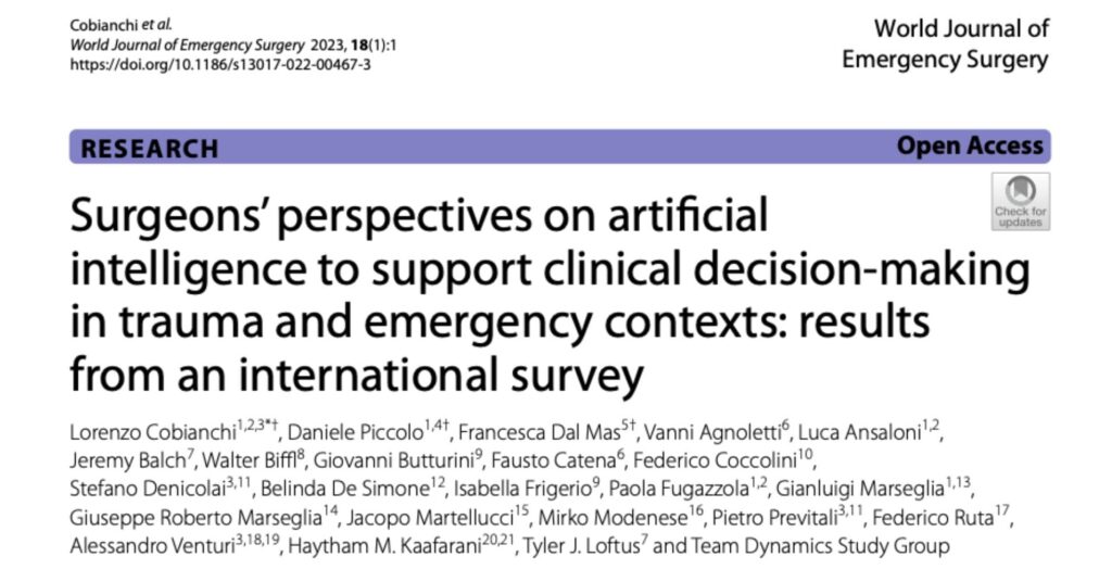 Screenshot of the first page of the paper: Surgeons’ perspectives on artificial intelligence to support clinical decision-making in trauma and emergency contexts: results from an international survey